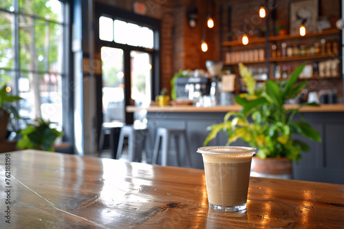 Cozy Coffee Shop Ambiance, Fresh Latte on Glossy Wooden Table with Welcoming Interior