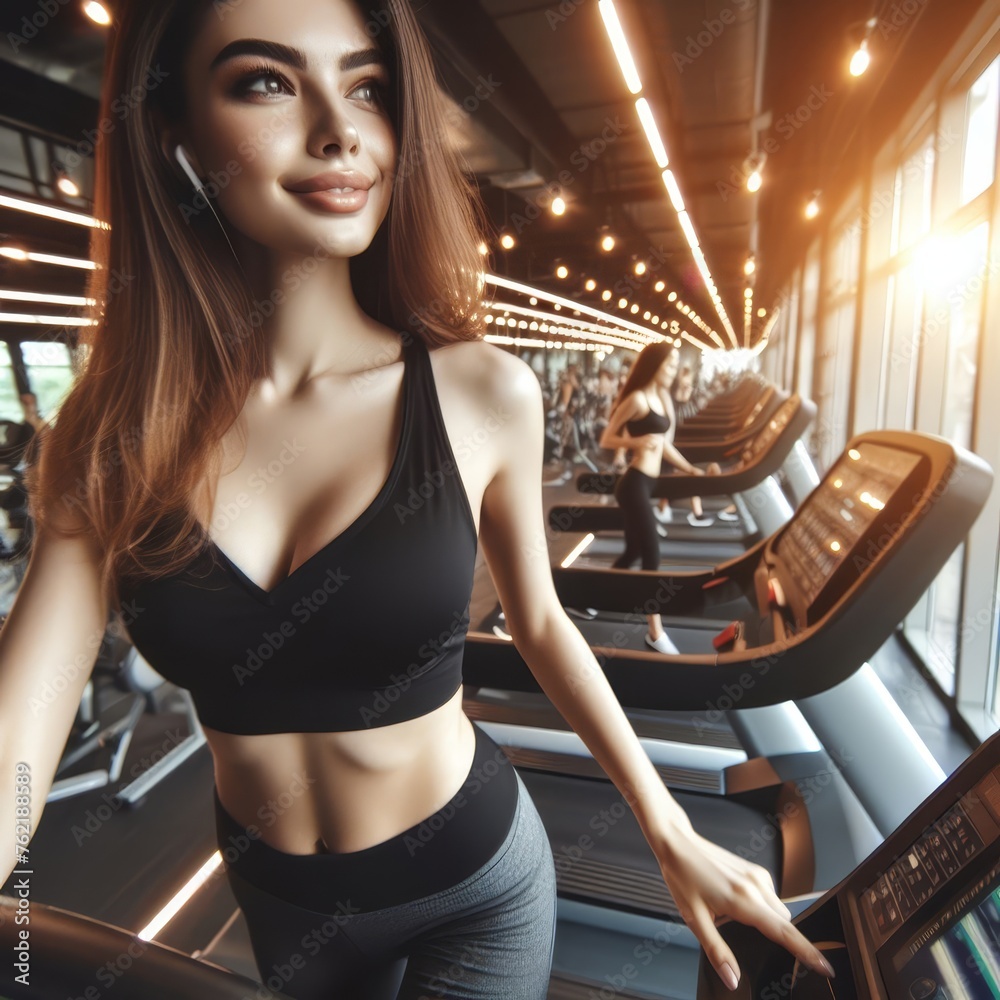 Fototapeta premium Close-up of a beautiful woman jogging in a gym