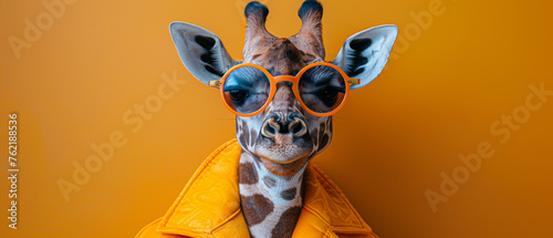 A giraffe stands out with stylish orange sunglasses and a yellow jacket against a matching orange backdrop, playful yet fashionable © Daniel