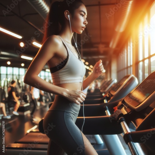 Close-up of a beautiful woman jogging in a gym