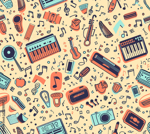 Seamless pattern illustration colorful with music and a variety of instruments.