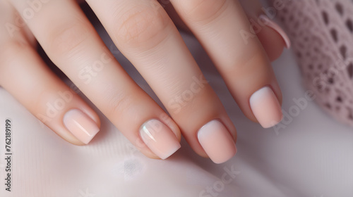 Close-up of a woman s hand with a beautiful  delicate manicure in the trendy color of 2024 - peach fuzz