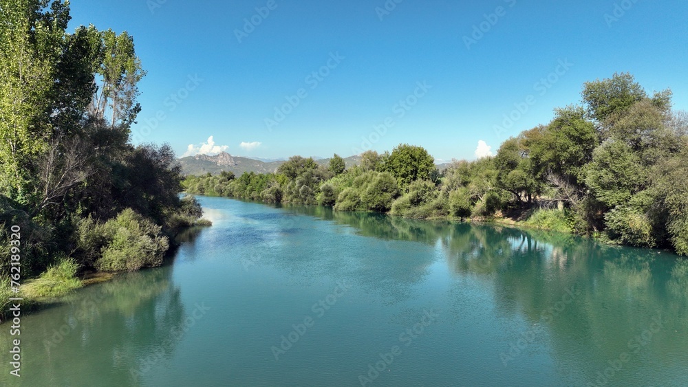 Köprüçay River is located in Serik district of Antalya. A photo of the river taken with a drone. Antalya, Turkey. Köprüçay River is located in Serik district of Antalya. A photo of the river taken with a drone. Antalya, Turkey.