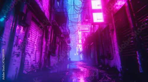 neon-lit alleyway in a cyberpunk city, where flickering holograms and digital graffiti adorn the walls, telling stories of rebellion and innovation.