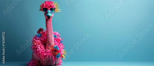 Flamingo with funky sunglasses and decorated with colorful flowers against a teal background, embodying funky and retro vibes