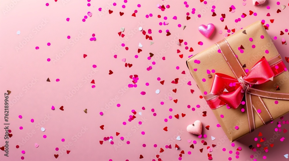 Layout for the holiday of Valentine's Day, gift, confetti and hearts, on a pink background with copy space Layout for the holiday of Valentine's Day, gift, confetti and hearts, on a pink background with copy space