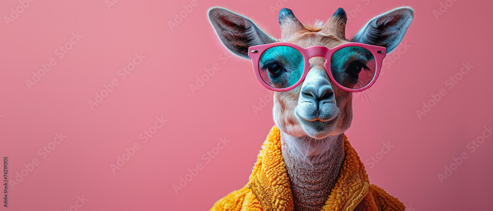 A llama peeks curiously at the camera, donning a yellow scarf against a pink background