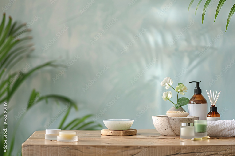Spa Essentials on Wooden Table, Elegant Wellness Products Setup with Greenery Backdrop Spa Essentials on Wooden Table, Elegant Wellness Products Setup with Greenery Backdrop