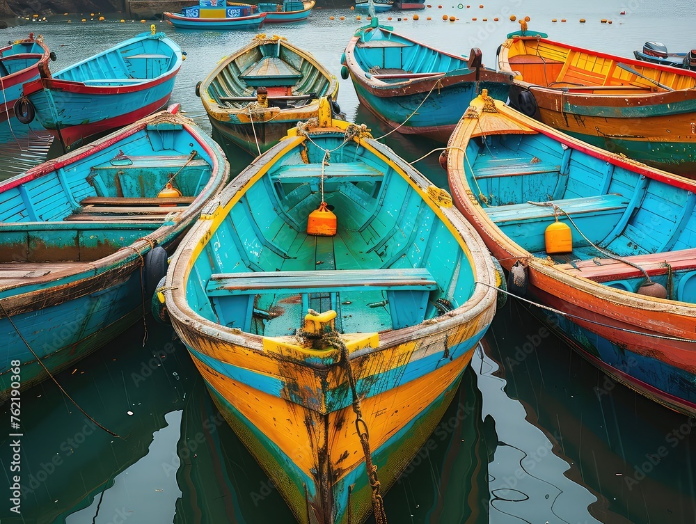 Coastal Tranquility: Colorful Boats and Fishing Activities in Fishing Boats - Coastal Serenity in Fishing Boats - Experience the tranquility of coastal life with fishing boats, where colorful vessels
