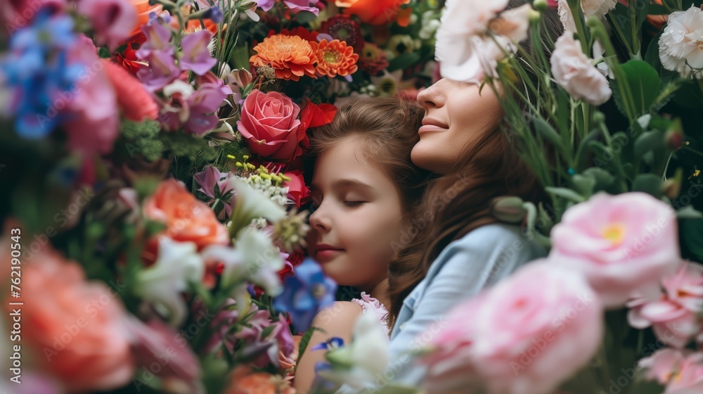 Fototapeta premium Mom and daughter hugging surrounded by fresh flowers. Bouquet of flowers as a gift for Mother's Day, motherhood and childhood, happiness to be a family. 