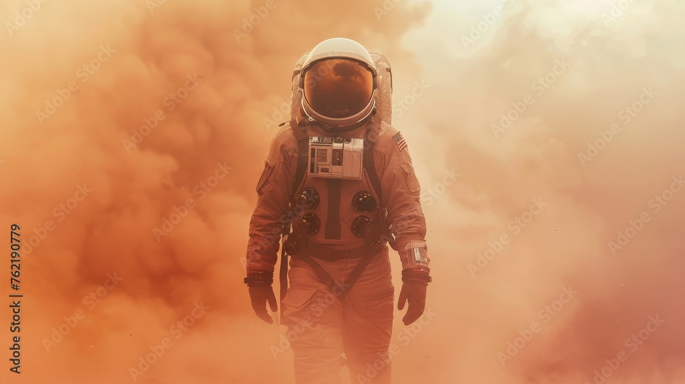 Courageous Astronaut in the Space Suit Explores Red Planet Mars Covered in Mist. Adventure. Space Travel, Habitable World and Colonization Concept. Courageous Astronaut in the Space Suit Explores Red Planet Mars Covered in Mist. Adventure. Space Travel, Habitable World and Colonization Concept.
