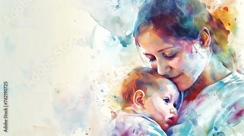 Mother hold baby , watercolor style 