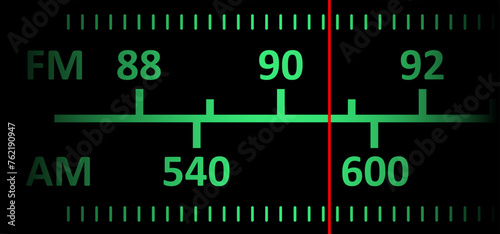 Radio tuner frequency tuning. Analoog dashboard inscription, control panel. Radio receiver tuner dial scale. Old hi-fi Stereo or mono tuner FM AM band. Radio frequency scales. Radio station signal.