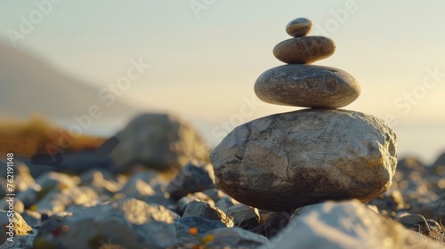 A close-up view of stones meticulously balanced atop one another, representing the delicate equilibrium in life and nature