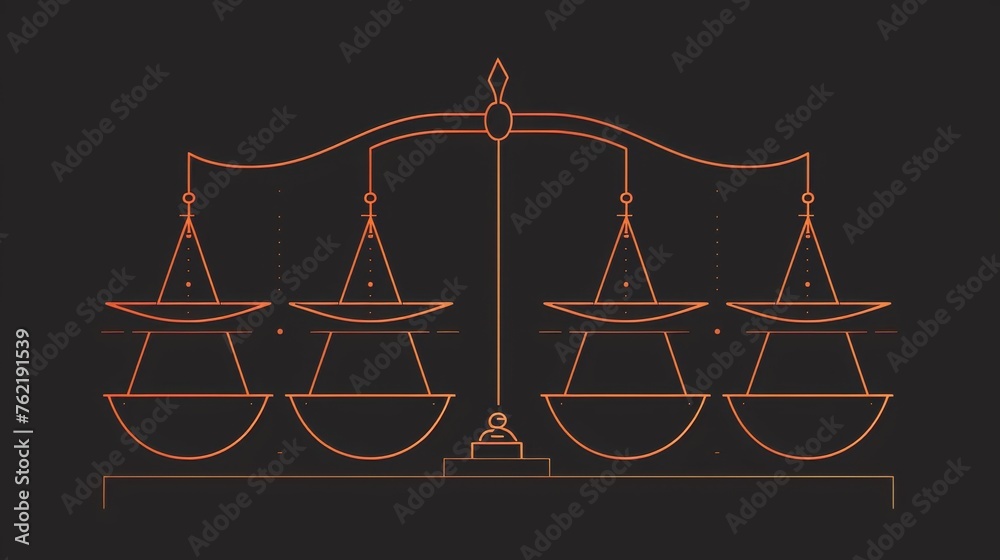 A collection of scales demonstrating the principle of balance, with bowls in both equilibrium and disequilibrium, rendered in a simple line design - obrazy, fototapety, plakaty 