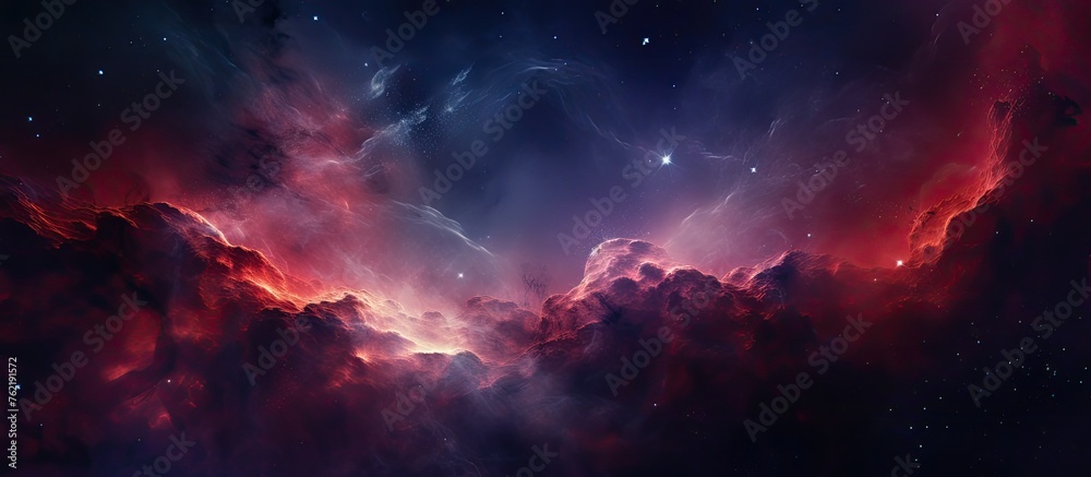 Fototapeta premium The artwork resembles a celestial scene with swirling clouds of purple and magenta hues, evoking images of a nebula in space