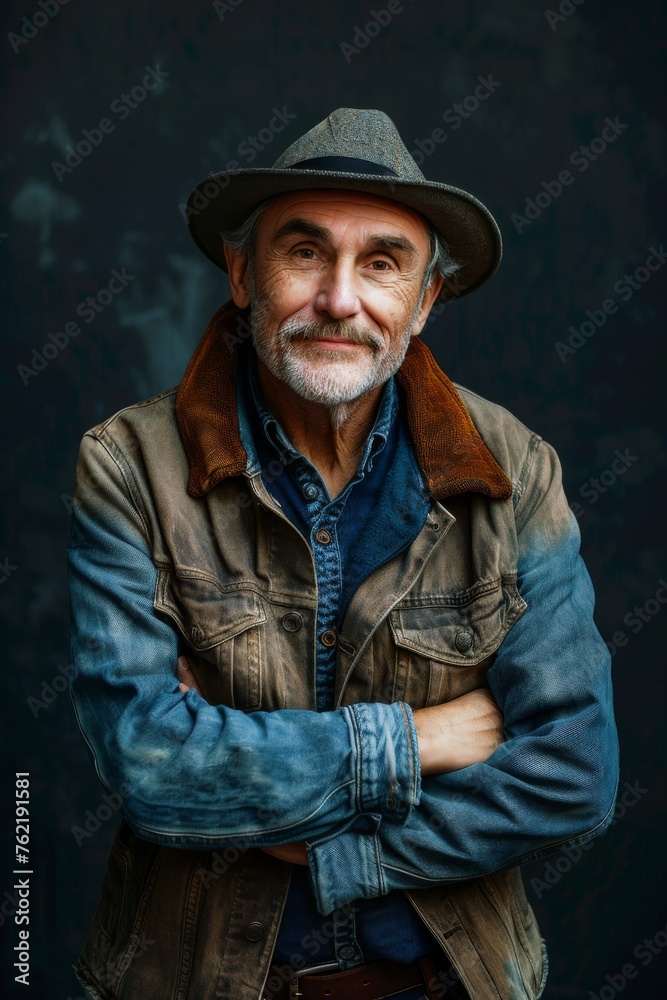 Obraz premium Elderly man smiling at camera. A close-up portrait of an elderly, man with a warm smile, wearing fashionable clothes.