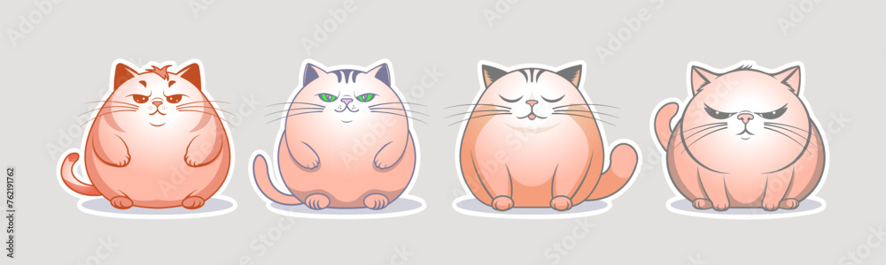 Vector set of funny cartoon cute chubby serious sitting kittens. Collection of stickers or icons. Adorable pets. Fat arrogant and beautiful cats.
