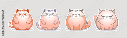 Vector set of funny cartoon cute chubby serious sitting kittens. Collection of stickers or icons. Adorable pets. Fat arrogant and beautiful cats.