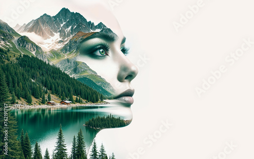 Double Exposure of Woman’s Face with Breathtaking Alpine Landscape and Forest House.