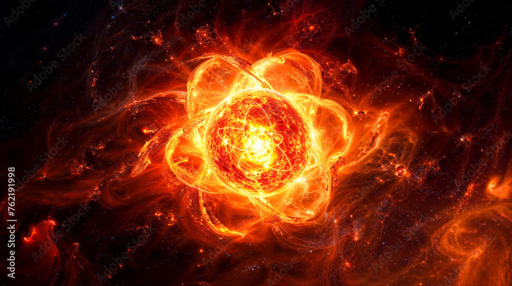 représentation d'un atome, qui ressemble à un soleil - obrazy, fototapety, plakaty 