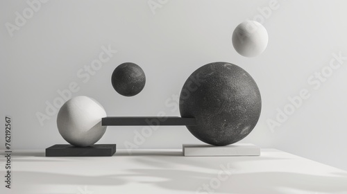 A minimalist representation of balance through the juxtaposition of small and large spheres on geometric scales, emphasizing the concept of equilibrium