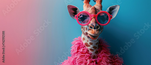 A quirky image showing a giraffe with stylish pink sunglasses and matching feather boa against a split blue and pink background