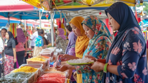 KOTA KINABALU SABAH,MALAYSIA - MAY 31 2019: A group of people buying a local made souvenir during State level Harvest Festival Celebration in KDCA Penampang Sabah. © peerawat