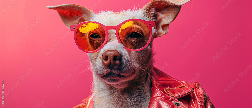 Image of a pig rocking red sunglasses, partially blurred emphasizing a magenta backdrop