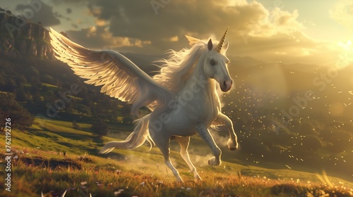 the rolling hills of a fantastical countryside  a graceful Pegasus soars through the skies  its wings outstretched as it catches the warm breeze.