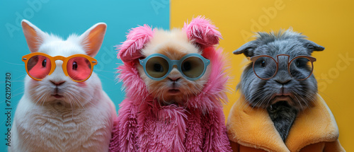 Cute pets in colorful attire and glasses against a yellow background, showcasing humor