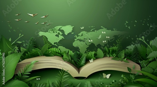 Open book with green world made in paper style, Green world in cute style, environment preservation concept, eco green 