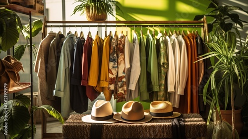 clothes and hats on hangers in an urban vintage store