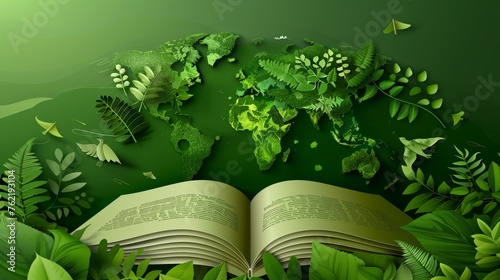 Open book with green world made in paper style, Green world in cute style, environment preservation concept, eco green 