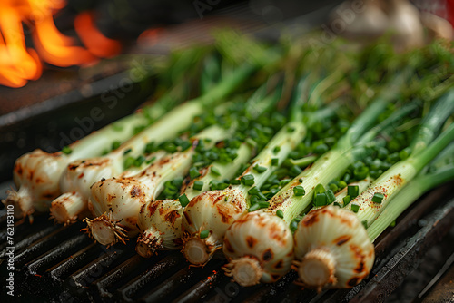 Sweet Garleek is a garlic and leek hybrid that combines the sweetness of onions with the rich flavor of garlic. Grilled, placed on the grill. photo