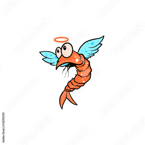 Cartoon funny shrimp angel with wings illustration isolated on white background