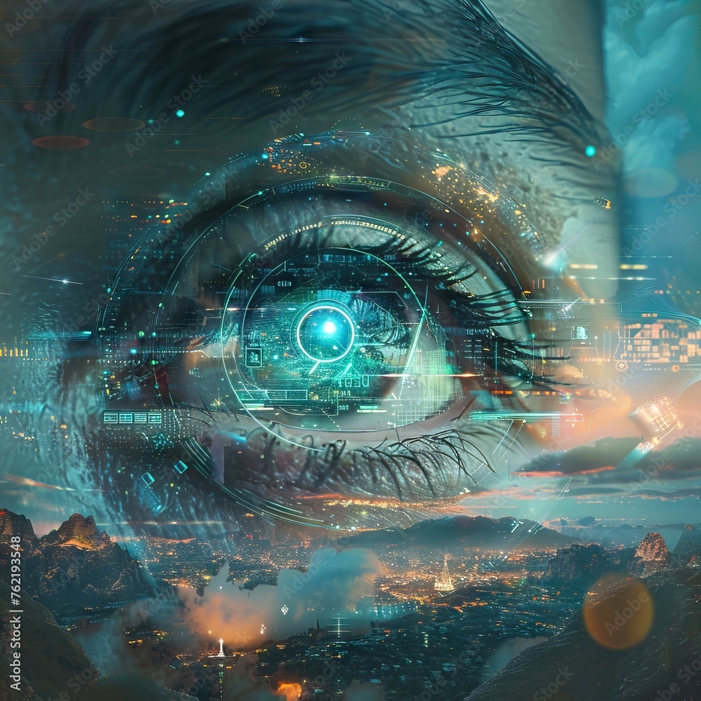 Surreal tech eye gazing upon a cityscape, interfaced with an intricate holographic HUD