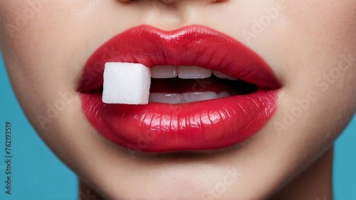 clear image of lips biting a sugar cube photo