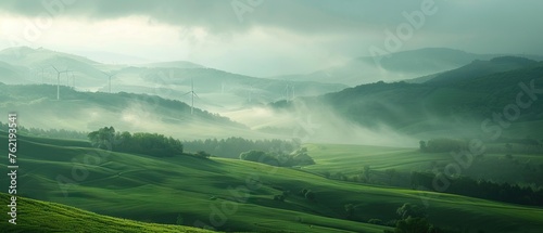 Ethereal mist over lush green mountains with wind turbines, in a serene, sustainable landscape