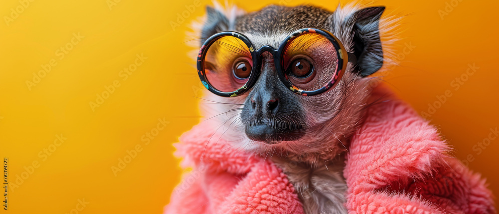 Striking photograph of a lemur donning a stylish pair of glasses with a bold yellow background highlight its features