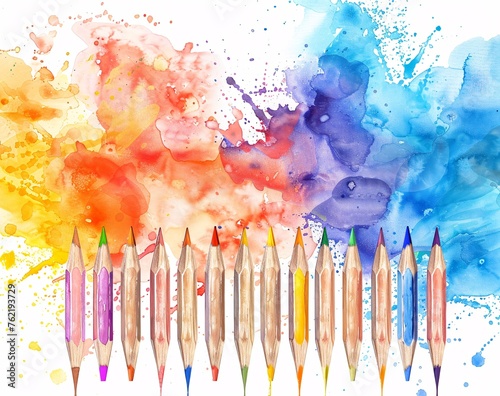 Colorful watercolor background with pencil and paint splashes various artists.