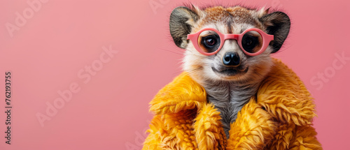 A charismatic portrait of a meerkat wearing pink sunglasses exuding a cool and playful vibe on a pink backdrop