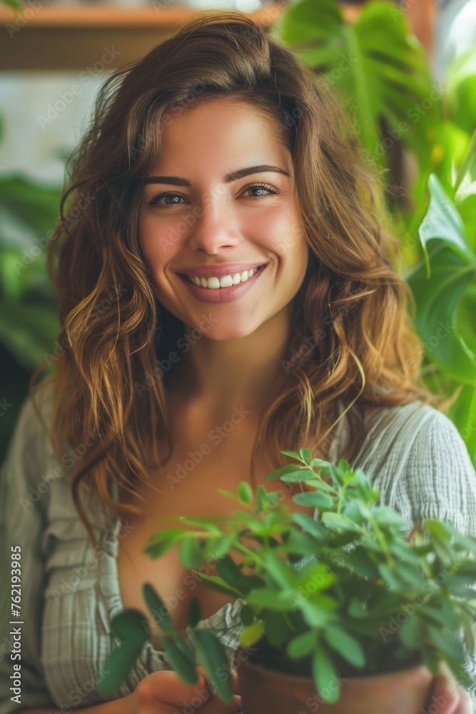 A smiling woman holding a potted plant, suitable for gardening or lifestyle concepts A smiling woman holding a potted plant, suitable for gardening or lifestyle concepts