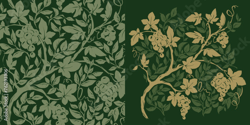 Traditional pattern with grape vine and rosehip branches. Set of seamless pattern and design element. Botanical background, vector illustration, freehand drawing.
