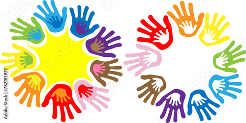Children Protection Day. A small child's hand with big adults, the concept of family support. Friendship logo.