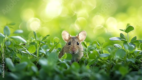 Funny mouse sitting in the green grass in the rays of the sun close-up