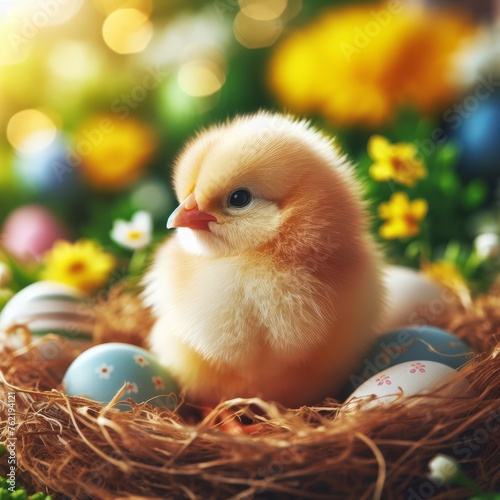 Chick sits in an Easter basket
