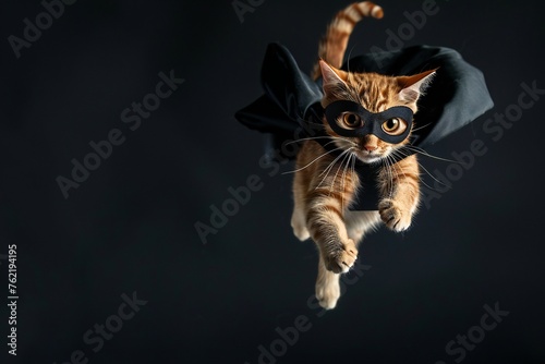 superhero cat, Cute orange tabby kitty with a black cloak and mask jumping and flying on light black background with copy space. The concept of a superhero, super cat, leader, funny animal studio shot