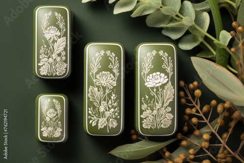 Three Green Trays With White Flowers