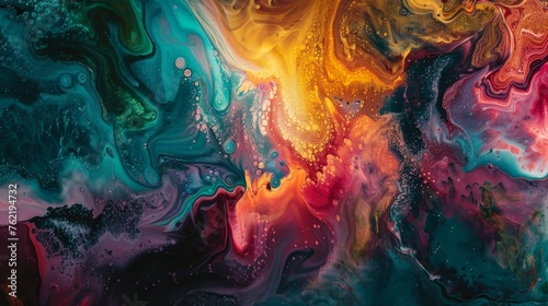 Abstract, colorful composition with oil, water and ink